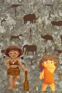 Das Bild zeigt zwei Steinzeit Menschen Grafik die als Jäger und Sammler dargestellt werden. Im Hintergrund Höhlen Malereien die Jagdszenen darstellen.