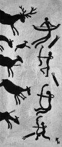 Höhlen Malerei die zeigt wie die Steinzeit menschen Tiere, vermutlich Rehe, jagen.